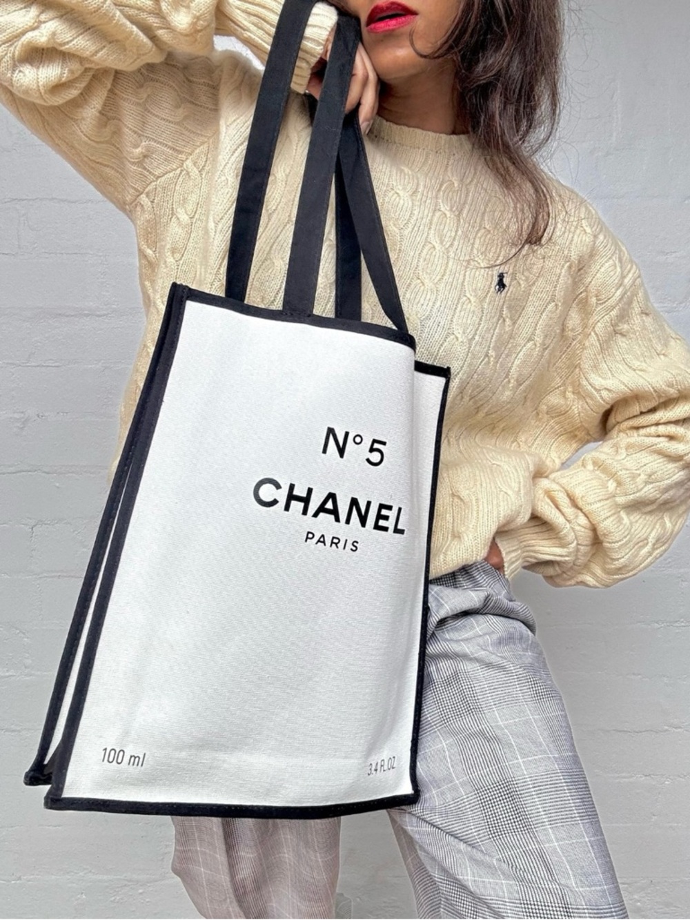 GWP White Canvas N°5 Paris Tote with Black Trim plus mini Chance